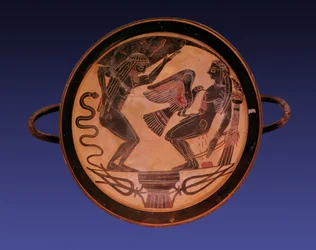 Black Figure Kylix Depicting Atlas Holding Up the Sky and Prometheus Bound with an Eagle Picking Out His Liver, c.555 BC